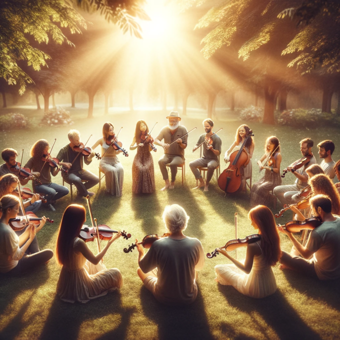 多様な背景を持つ人々がバイオリン演奏を楽しんでいる光景の画像