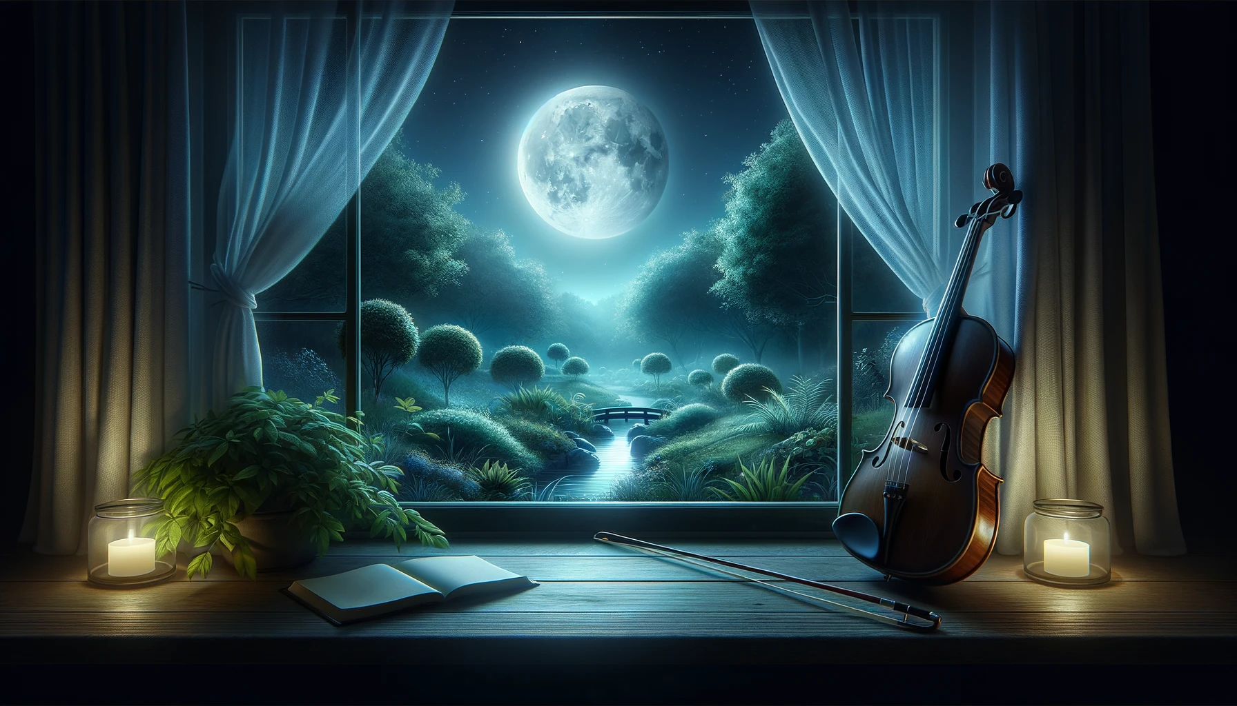 穏やかな夜、窓辺のバイオリンと静寂に包まれた庭を映し出す月明かりの風景
