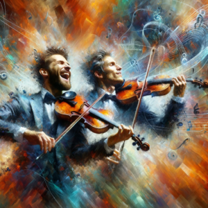 Violin players combining vivid expressions with abstract motifs of connectivity.