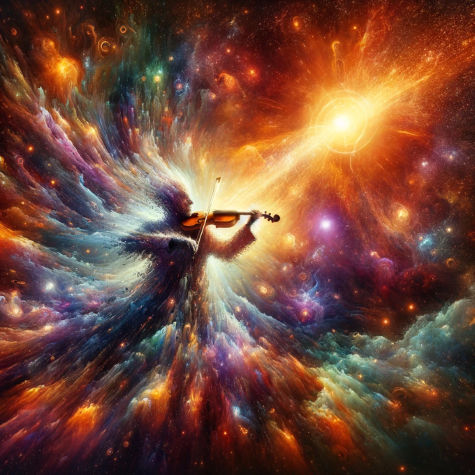 先生とバイオリンから始まる宇宙的な爆発の抽象的イメージ 2