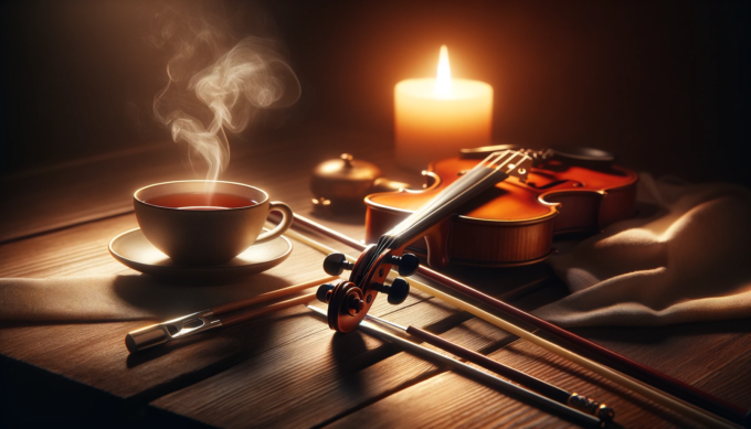 ヴァイオリンと弓が木製の表面に置かれ、近くには蒸気を立てる温かいティーカップと優しく光るキャンドルがある様子